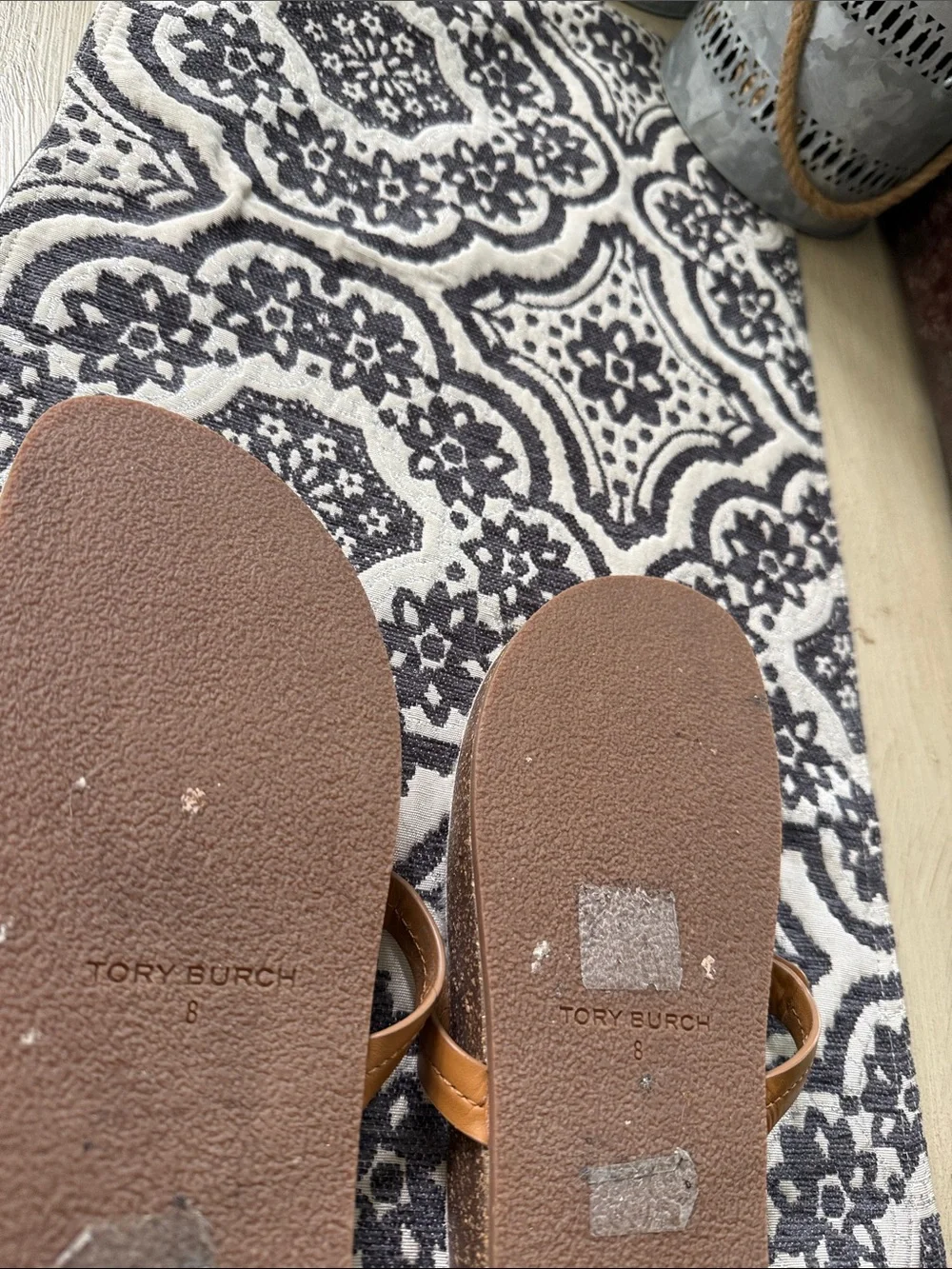 Tory Burch Tan Leather Logo Thong Sandals with Cream Shearling Footbed